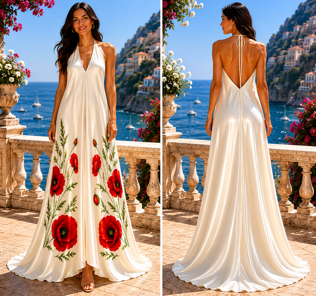 Ivory Poppy Silk Halterneck dress