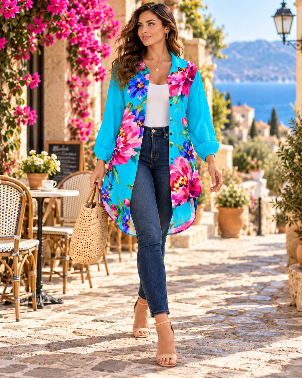 Jardin de Fleurs – Aqua Floral Longline Shirt Blouse