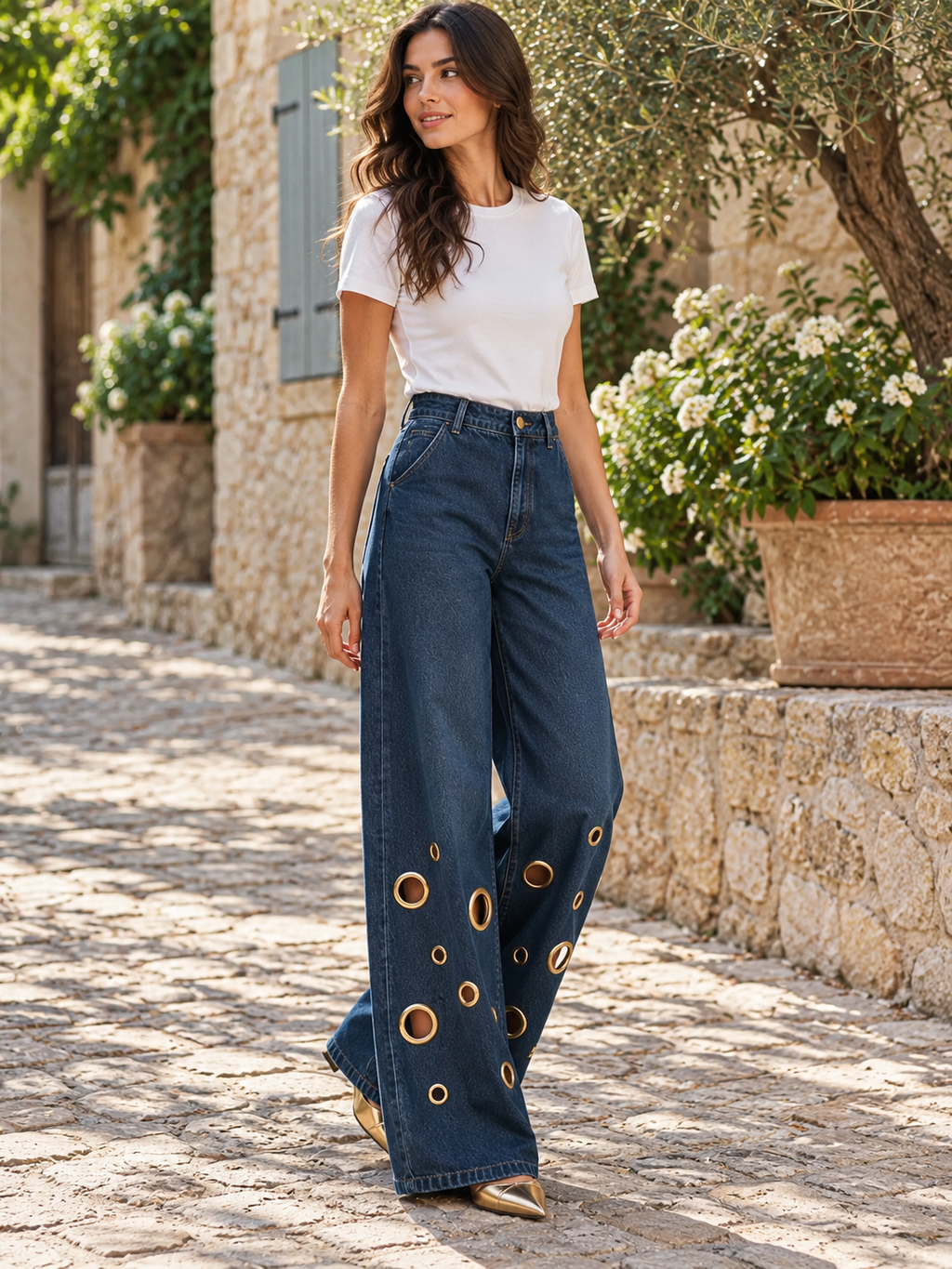 Eyelet Wide Leg Jeans