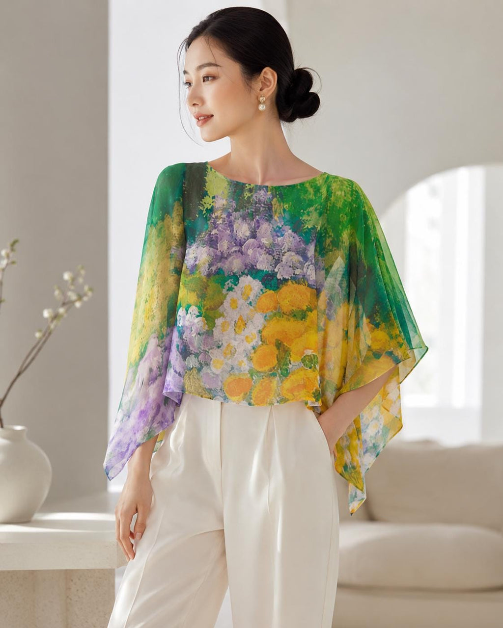 Wisteria Garden Chiffon Shawl, floral detail