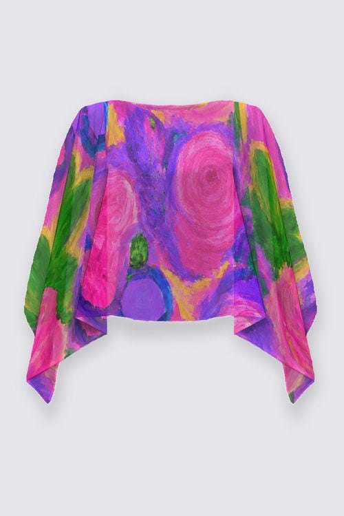 Painterly Garden Chiffon Shawl Top, floral detail
