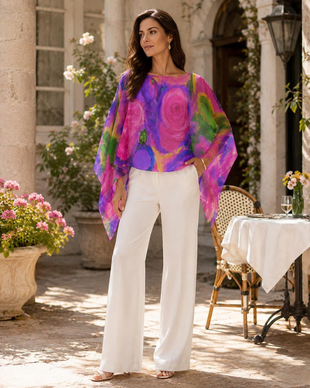 Painterly Garden Chiffon Shawl Top, drape detail