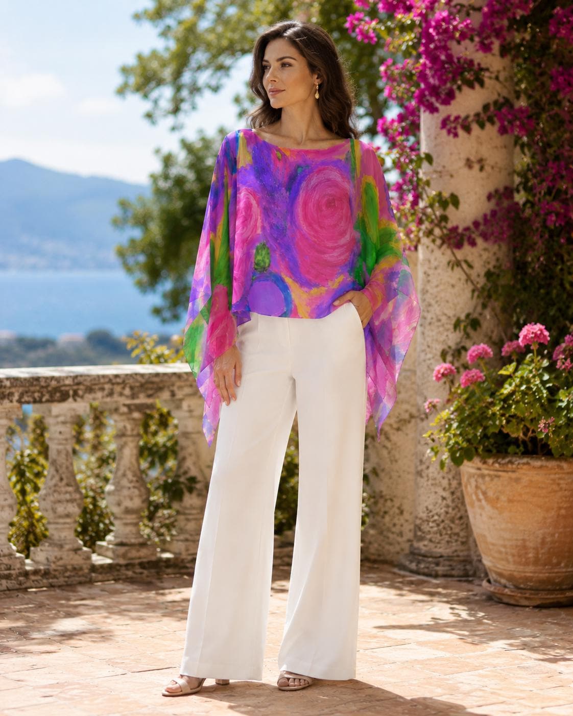 Painterly Garden Chiffon Shawl Top by Rose La Bohème