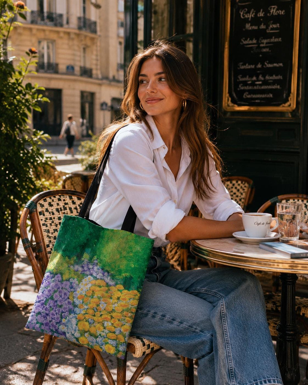 Wisteria Garden Reubens Tote carried on the shoulder