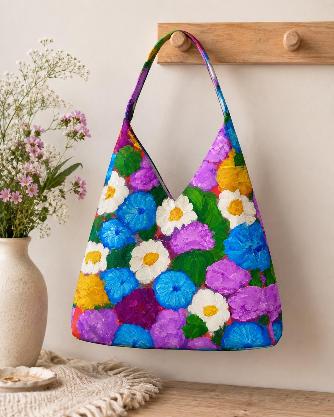 Painterly Garden Tulip Bag styled with a neutral outfit