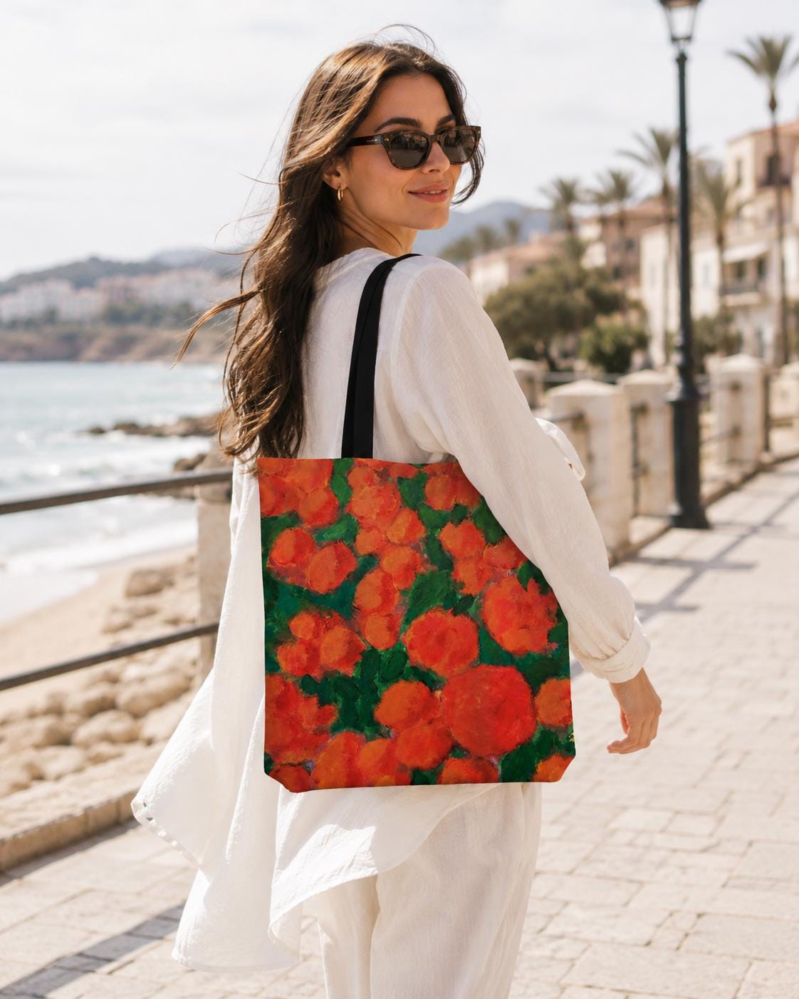 A Thousand Roses Maxime Canvas Tote carried on the shoulder