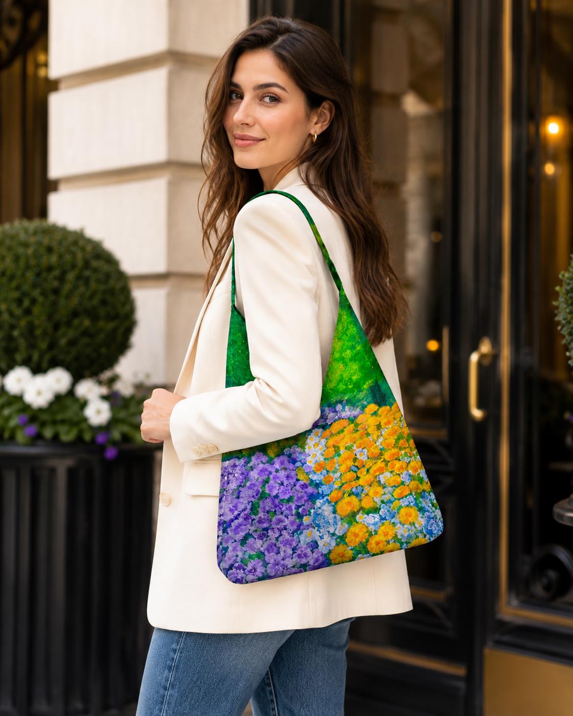Wisteria Garden Tulip Bag, carried on the shoulder