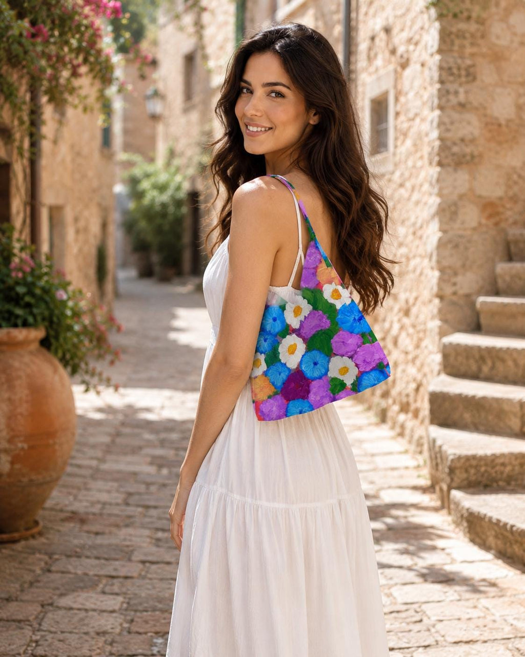 Painterly Garden Tulip Bag, carried on the shoulder