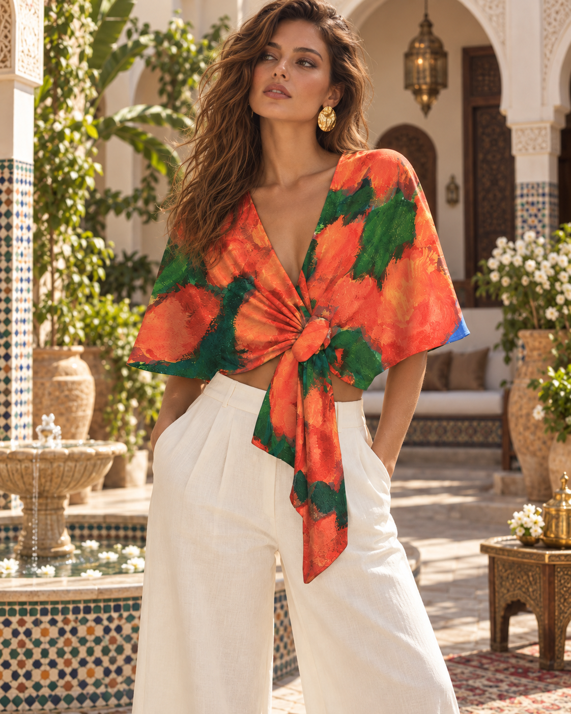 A Thousand Roses Floral Wrap, Red Orange Rose Print Shawl, Curved Cape (Ponte Fabric)